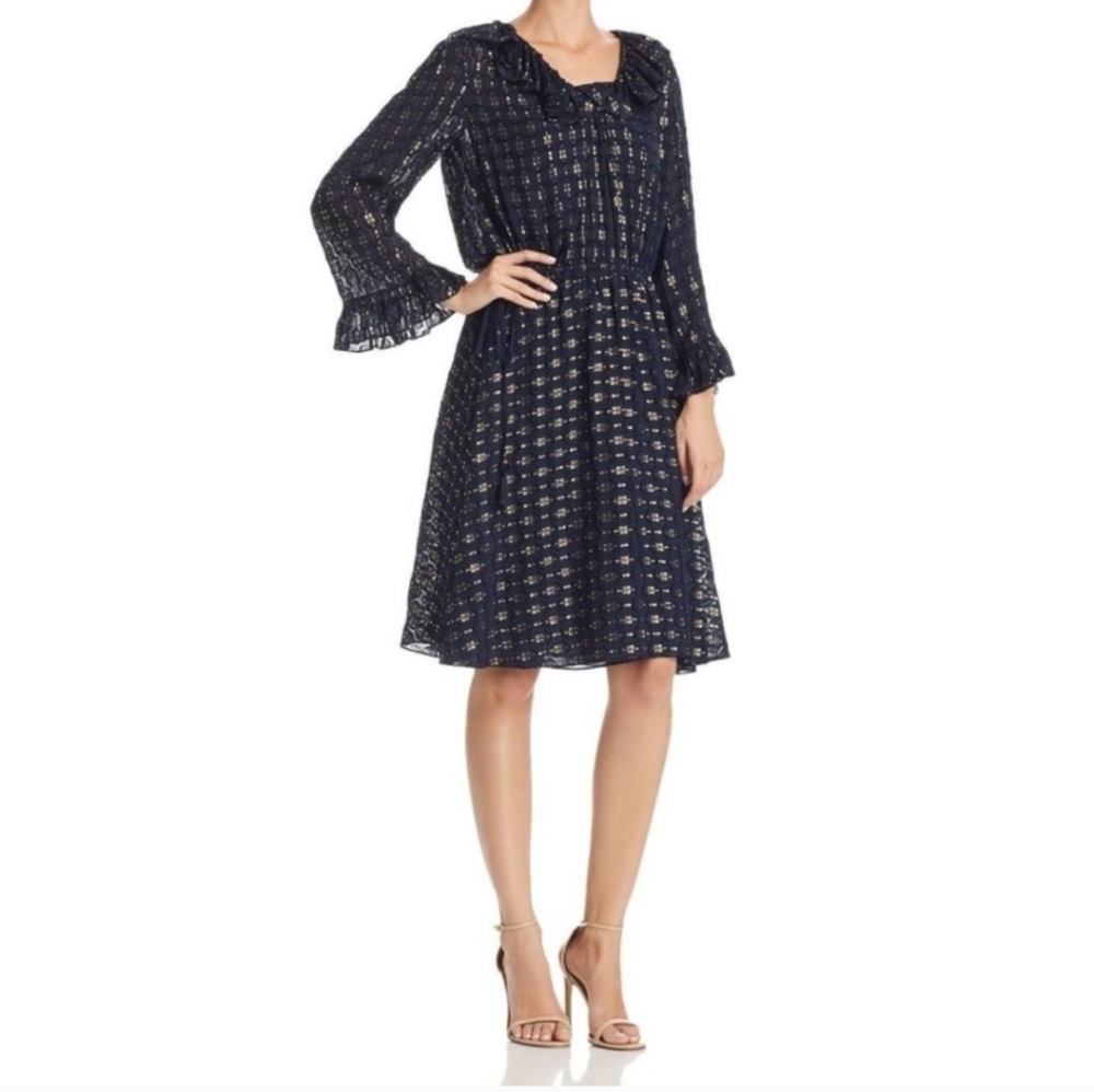 Tory Burch Jasmine Dress Sz: 4 A-line Navy Metallic Gold Ruffles Tassels